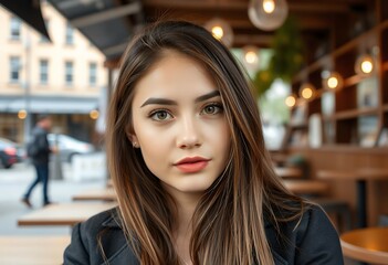 Fototapeta premium Beautiful Young Woman Portrait Cafe Background Long Hair City Street