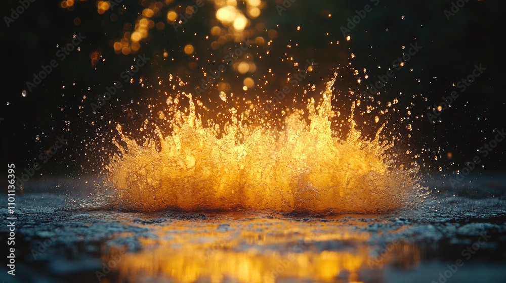 Leinwandbilder Dynamic water splash with an explosion effect creating droplets and shimmering textures in a vibrant golden light background.