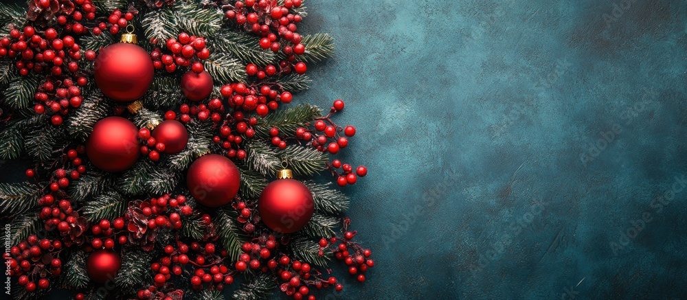 Poster christmas tree adorned with handcrafted red ornaments and greenery against a textured blue backgroun