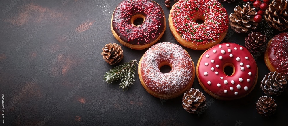Poster festive christmas donuts decorated with sprinkles and icing displayed on a rustic table surrounded b