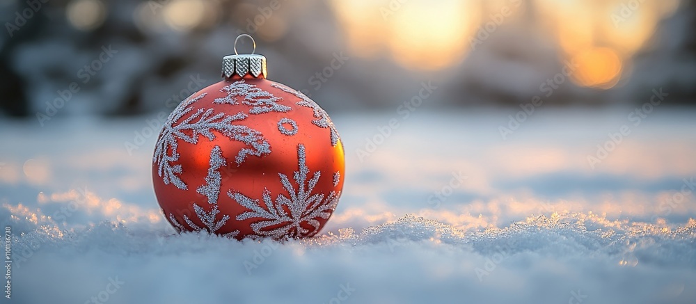 Poster festive red christmas ornament with white snowflake designs resting on a snowy background during a w