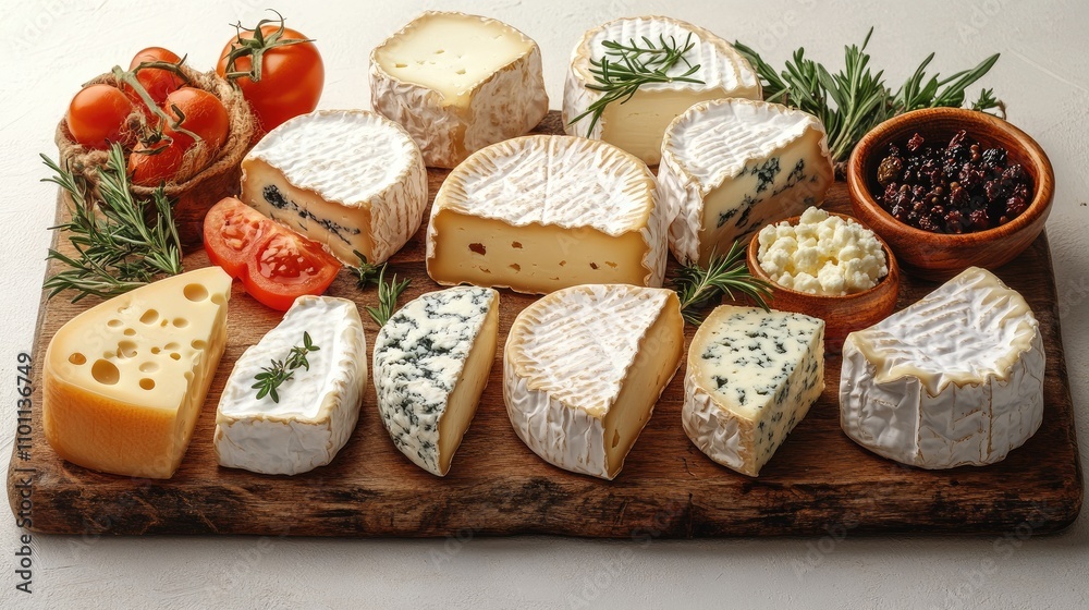 Poster assorted brie and camembert cheese varieties displayed on a wooden board with fresh herbs and vegeta