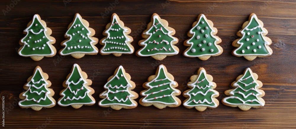 Poster christmas tree shaped cookies with green icing on wooden tabletop vertical overhead view for holiday