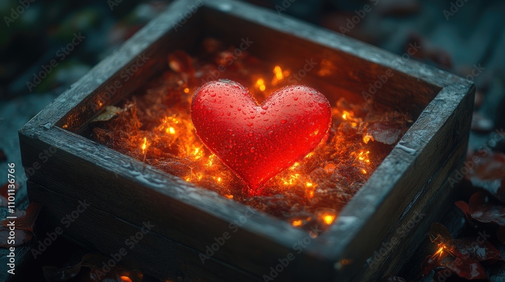 Poster heart in a wooden box surrounded by warm lights and raindrops on a dark background symbolizing love 