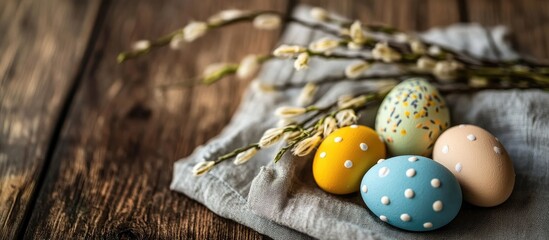 Obraz premium Handcrafted decorative Easter eggs with willow catkins arranged on a soft linen napkin on a rustic wooden surface