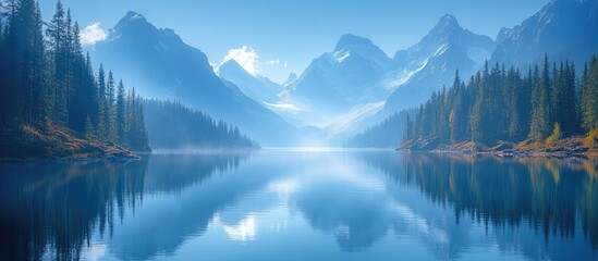 Serene blue glacial lake reflecting majestic mountains and lush forests under a clear sky showcasing nature's tranquil beauty.