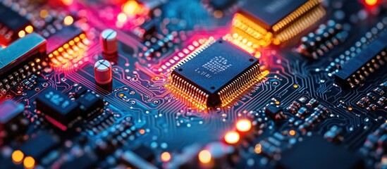 Obraz premium Close-up of a circuit board with a processor chip, illuminated by red and orange light.