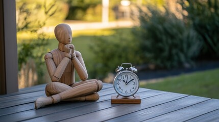 A wooden mannequin sits cross-legged with a reflective pose beside an antique clock on a wooden table outdoors during daylight