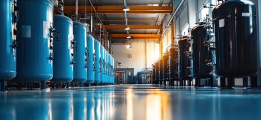 Large blue and black storage tanks line the floor of a well-lit industrial facility, reflecting the bright lights above in a professional setting
