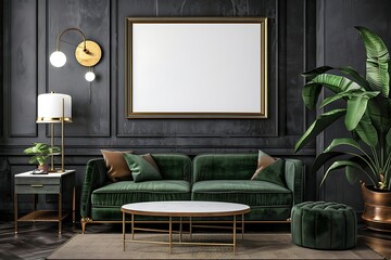 Living room interior with green velvet sofa, coffee table, pouf, plant, lamp, carpet and mockup