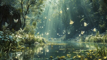 Illustration of a Forest Radiating Morning Light and Teeming with Butterflies