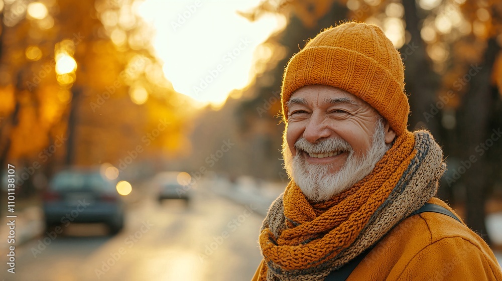 Poster A senior successfully completing a highway driving exercise with a smile of achievement Stock Photo with side copy space