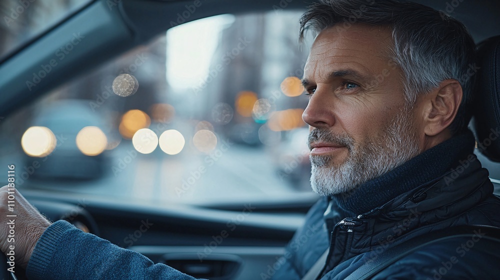 Poster A senior successfully completing a highway driving exercise with a smile of achievement Stock Photo with side copy space