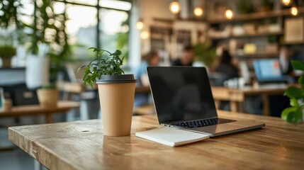 Office desk with laptop notebook and coffee cup in focused setting