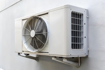 Close-up of a modern air conditioner unit mounted on a white wall
