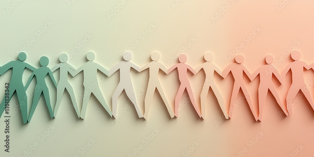 Poster A line of colorful paper figures holding hands, symbolizing unity and community in a harmonious, gradient backdrop.