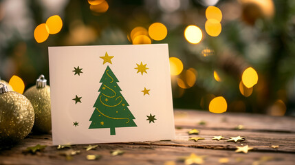 Christmas card with a picture of a festive Christmas tree on a wooden table