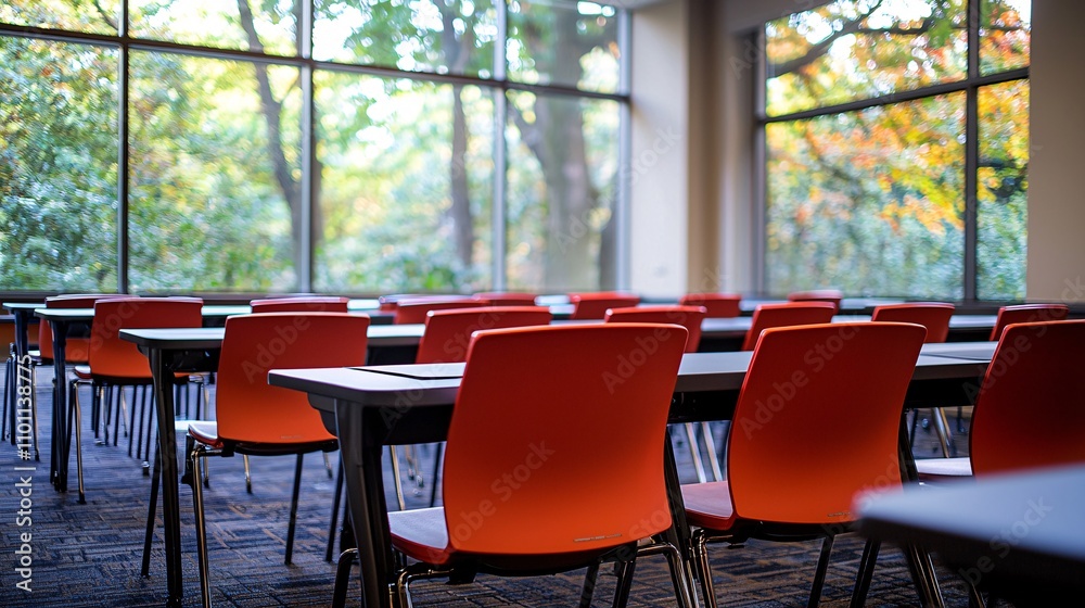 Poster A classroom setup with instructional videos for elderly students focusing on safety and navigation Stock Photo with side copy space