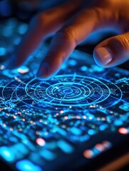 Close up of businessman hand using laptop keyboard with creative blue radar map interface on blurry background. Spy and hud concept. Double exposure