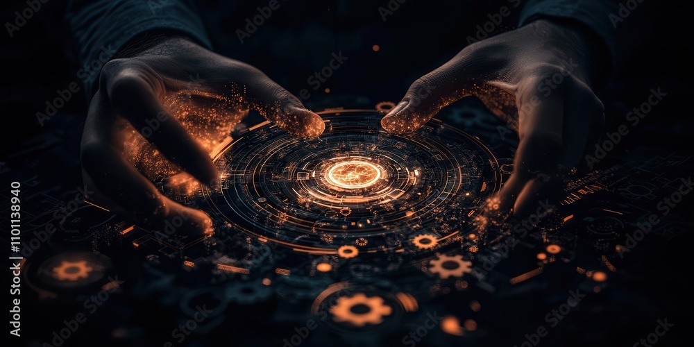 Poster a pair of hands interacts with a glowing, intricate design of gears and mystical symbols, evoking a 