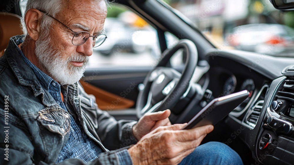 Poster an elderly student receiving instructions on using adaptive driving equipment in a modern vehicle st