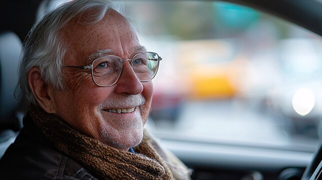 An elderly student receiving instructions on using adaptive driving equipment in a modern vehicle Stock Photo with side copy space