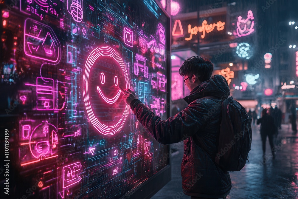 Poster a person interacts with a glowing digital screen displaying a smiley face amidst vibrant neon lights
