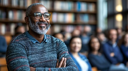 A senior attending a workshop on modern driving technologies at a community center Stock Photo with side copy space