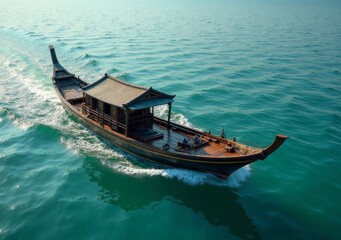 Traditional wooden boat sailing through turquoise waters near coastal area