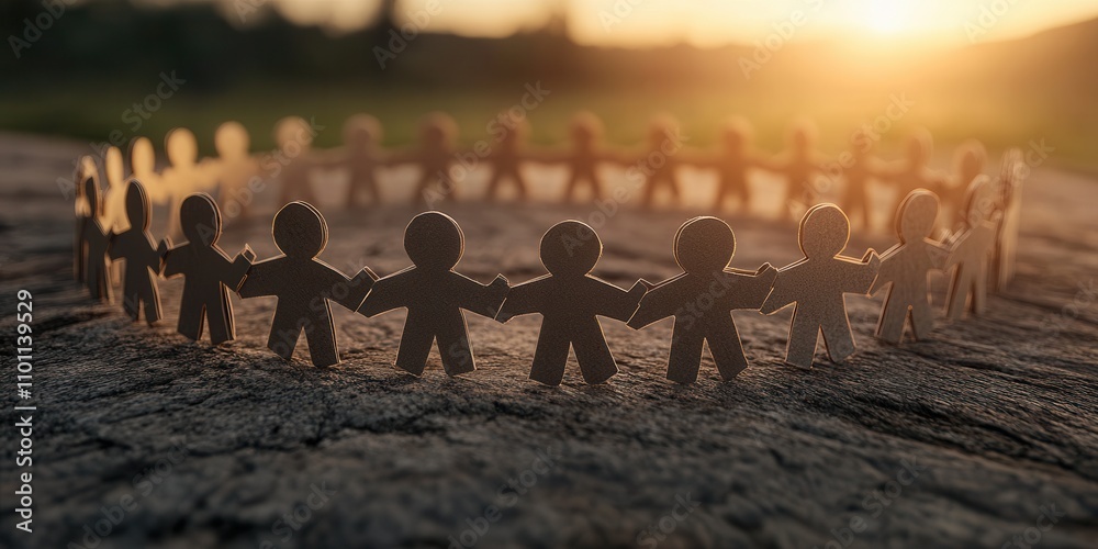 Poster A circle of paper figures holding hands in a serene sunset setting symbolizes unity and togetherness.