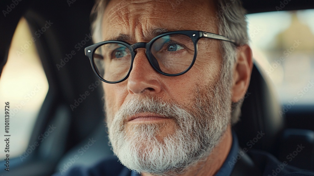 Poster an elderly driver learning traffic rule updates during a driving school session stock photo with sid