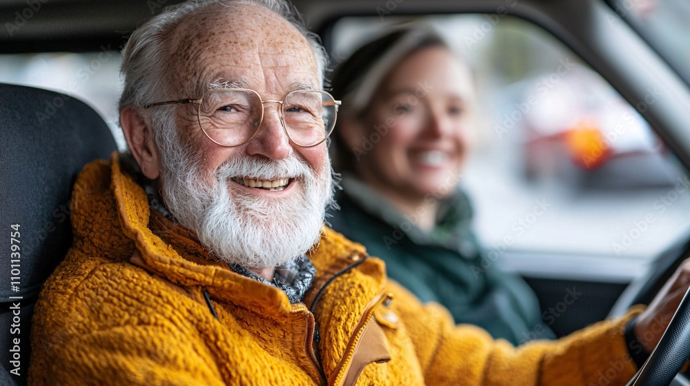 Poster An elderly person learning the importance of proper signaling during a driving lesson Stock Photo with side copy space