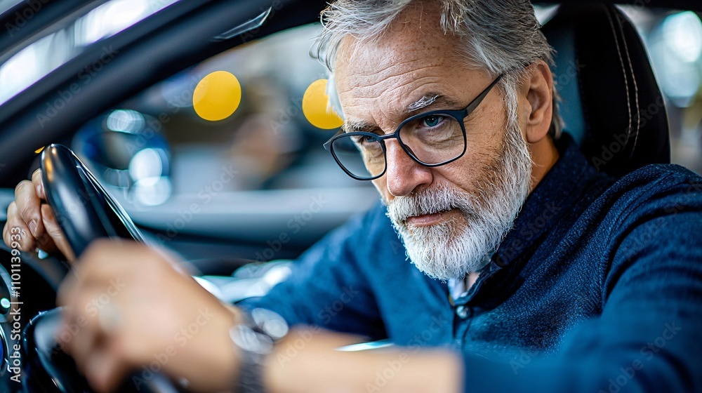 Poster An elderly driver discussing concerns about road navigation with a patient and understanding instructor Stock Photo with side copy space