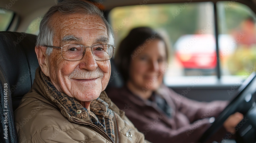 Poster A senior practicing driving in a car with dual controls under the guidance of an instructor Stock Photo with side copy space