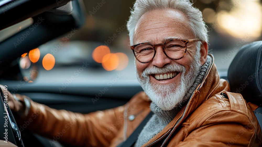 Poster A senior practicing driving in a car with dual controls under the guidance of an instructor Stock Photo with side copy space