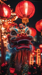 Dragon and lion dance celebrated under fireworks in beijing streets