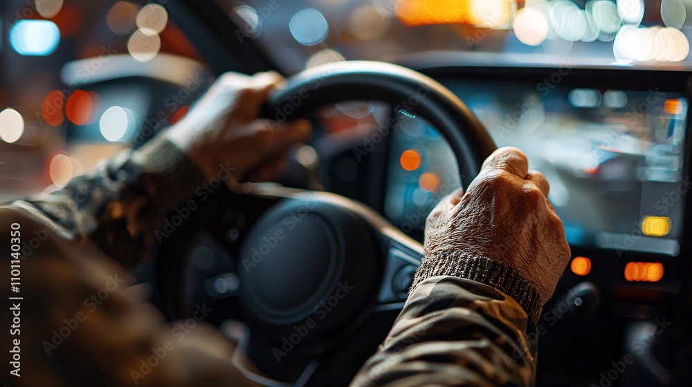 Poster an elderly individual holding a steering wheel in a simulation training setup stock photo with side 