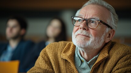 A driving school classroom with elderly students learning road signs and traffic rules Stock Photo with side copy space