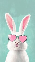 Fototapeta premium Vector art of funky bunny in heartshaped sunglasses on mint background