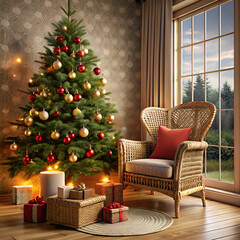 Obraz premium interior of festive living room with wicker armchair on christmas event