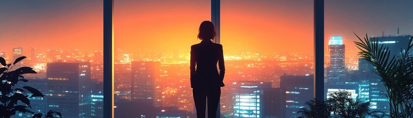 Fototapeta premium Silhouette of Businesswoman Overlooking Vibrant Cityscape at Sunset from Modern Office with Floor-to-Ceiling Windows