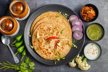 Gobi paratha is a stuffed Indian flatbread filled with spiced cauliflower, cooked on a griddle, often served with yogurt or pickles.