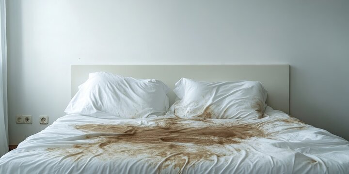 White bed with dirty stain and dust, highlighting the need for cleaning and maintenance. This image captures the essence of a white bed affected by a dirty stain and dust accumulation.