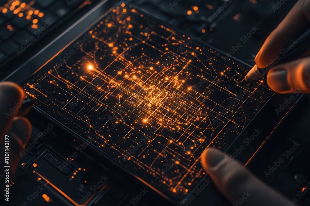 Poster A close-up view of a glowing circuit board being examined, showcasing intricate patterns and lights, suggesting advanced technology and data processing.