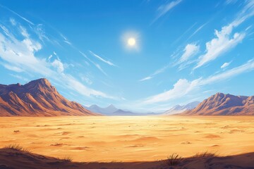 Naklejka premium Stunning Desert Landscape with Majestic Mountains and Clear Blue Sky Under the Bright Sun