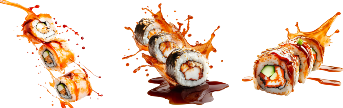 Set of assorted sushi rolls with sauce splashes