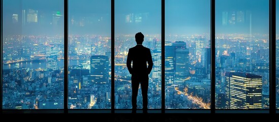 Fototapeta premium Businessman Overlooking City Skyline at Night from High-Rise Office with Panoramic Windows