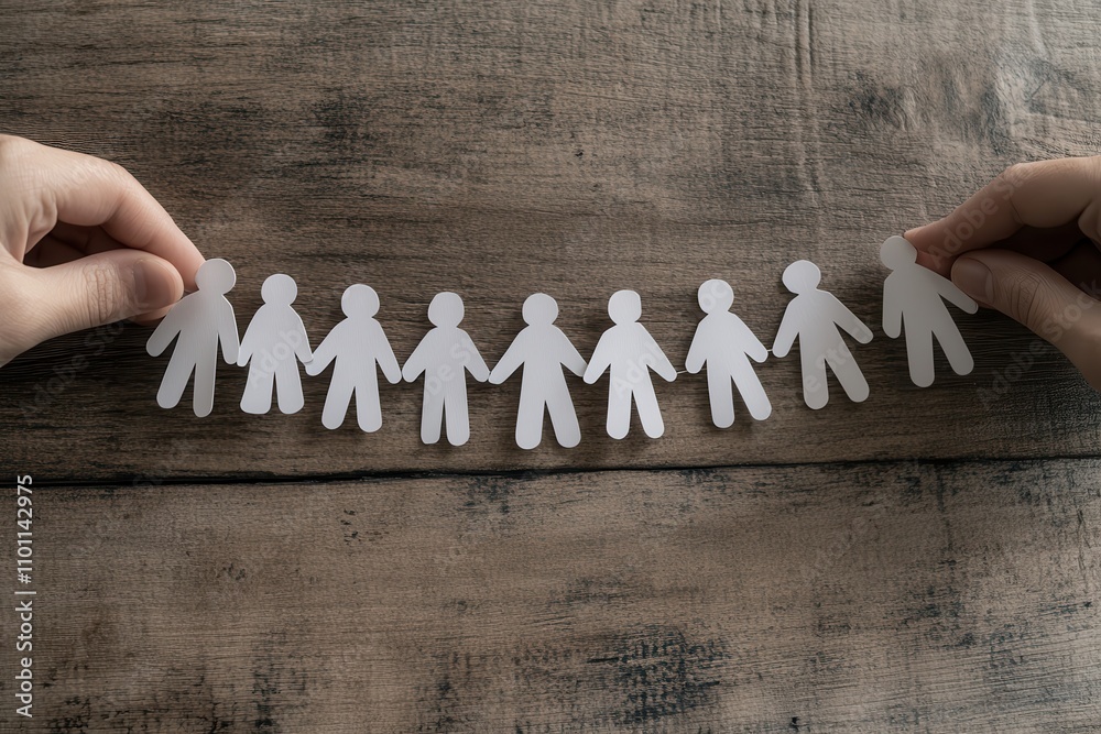 Poster A pair of hands holds a chain of paper dolls, symbolizing unity and connection, against a rustic wooden background.