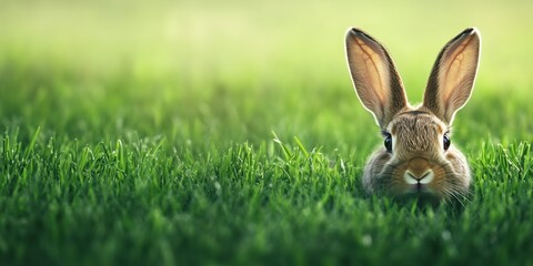 Cute rabbit in green meadow with sunny atmosphere perfect for easter themes