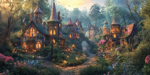 A whimsical fairy village brimming with enchanting tales, inspired by the legend of Azzurrina s ghost, creates a mystical atmosphere perfect for storytelling and fantasy illustrations.